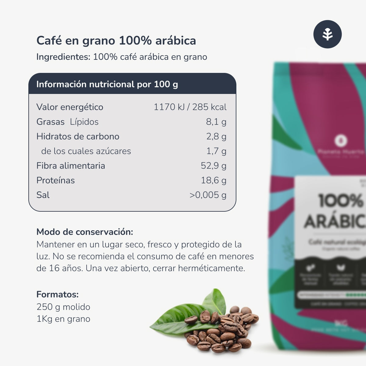 Confezione da 2 caffè in grani Eco 100% Arabica Planeta Huerto 1 Kg