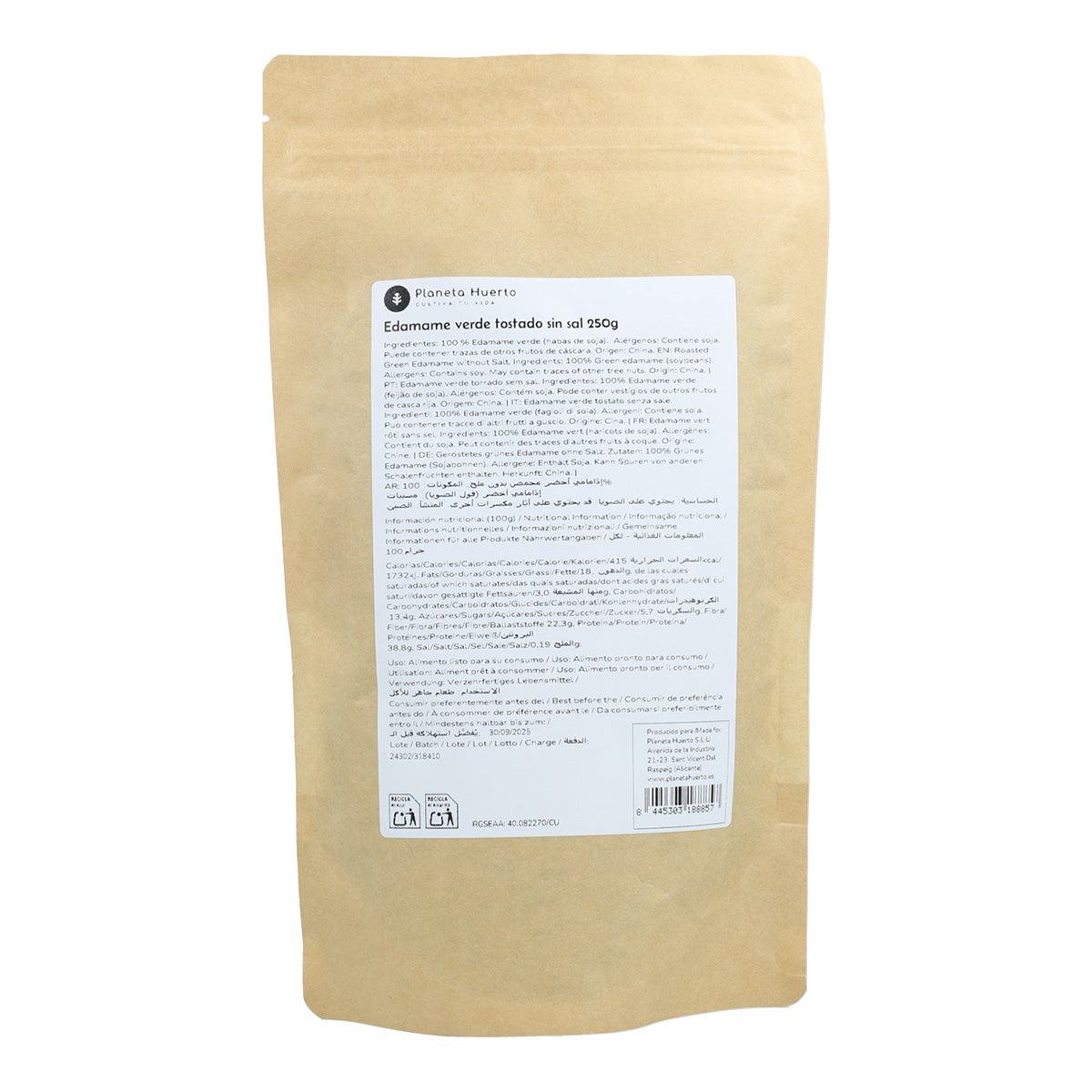 Ongezouten geroosterde groene edamame Planeta Huerto 250gr