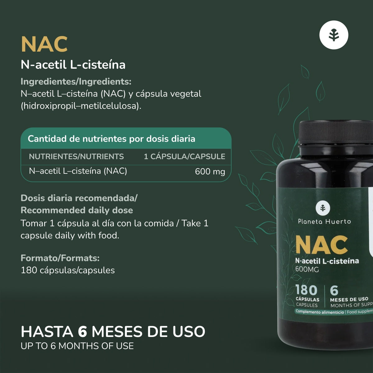 NAC 600 mg Planeta Huerto 180 capsules
