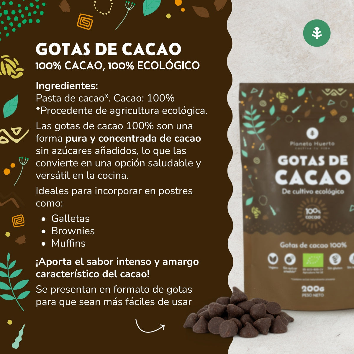 Chokladdroppar 100% kakao ECO Planeta Huerto 200 g