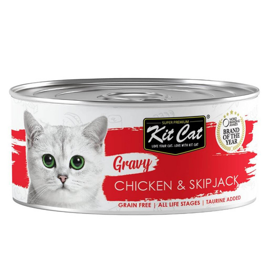 Kit Cat Lata Gravy - Pollo & Bonito Skipjack 70 g Cibo umido per gatti in salsa
