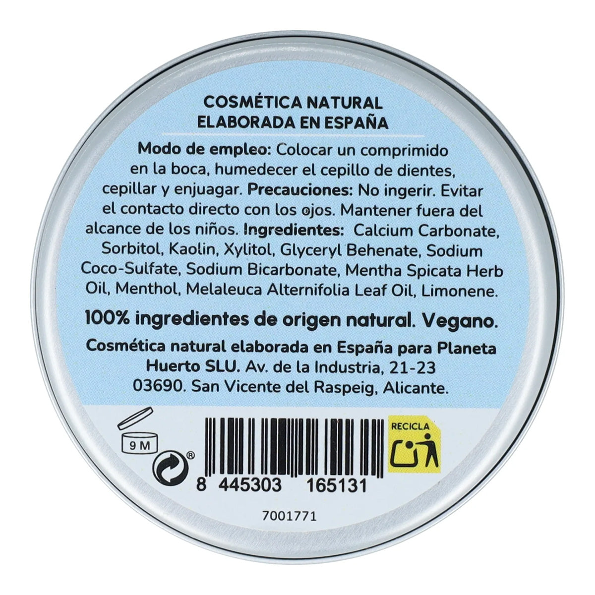 Dentifrice solide sans fluor Planeta Huerto 120 comprimés