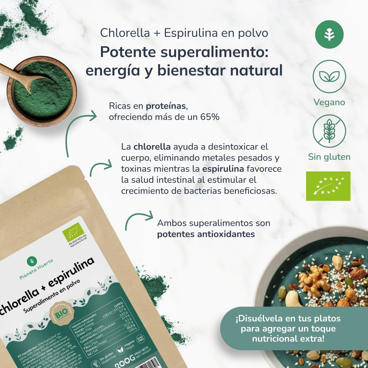 Chlorella + Spirulina poeder Planeta Huerto 200 g