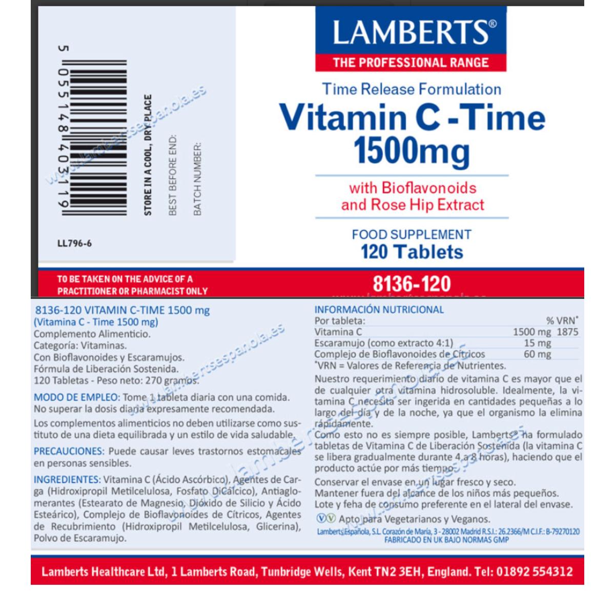 Witamina C o przedłużonym uwalnianiu 1500 mg Lamberts 120 tabletek