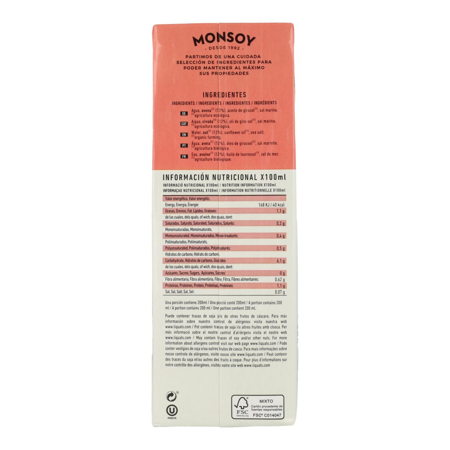 Monsoy Organic Oat Drink 0% Sugar 1 L