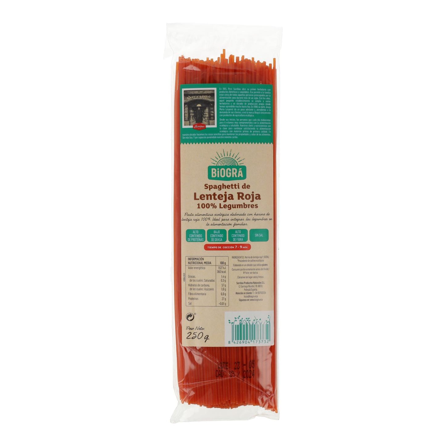 Spaghetti av röda linser Biogra BIO 250 g