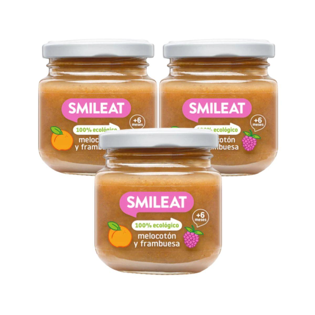 ERBJUDANDE 3x burk ekologisk hallon- och persikokräm Smileat, 130 g