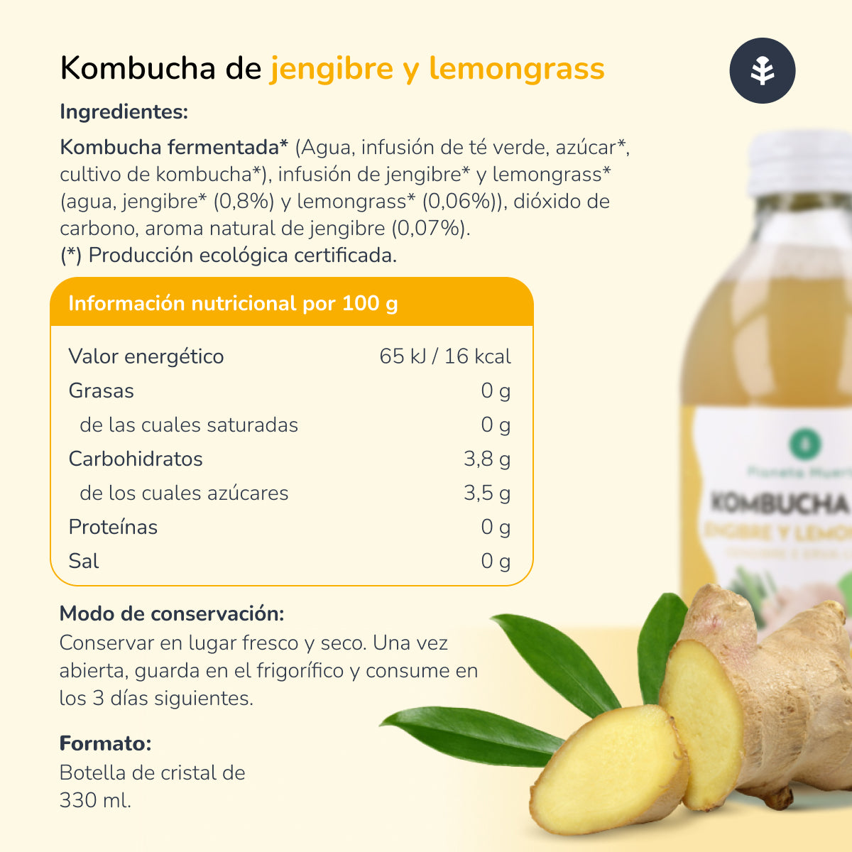 Pack 6x Kombucha ECO Ingwer und Zitronengras Planeta Huerto 330 ml