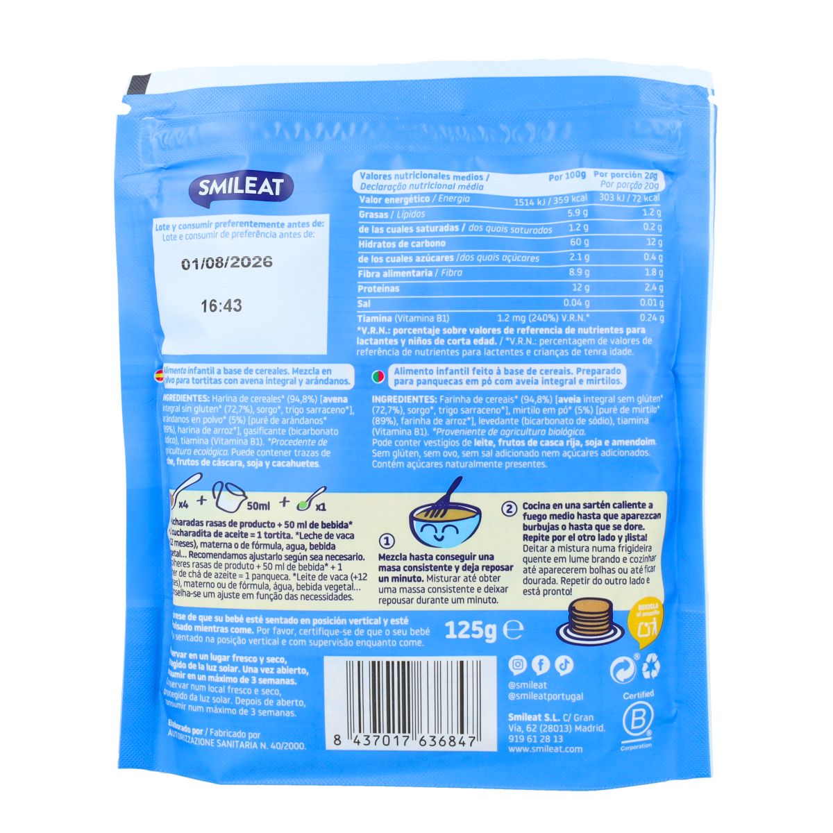 Mélange pour pancakes à l'avoine complète et aux myrtilles ECO Smileat 125 g