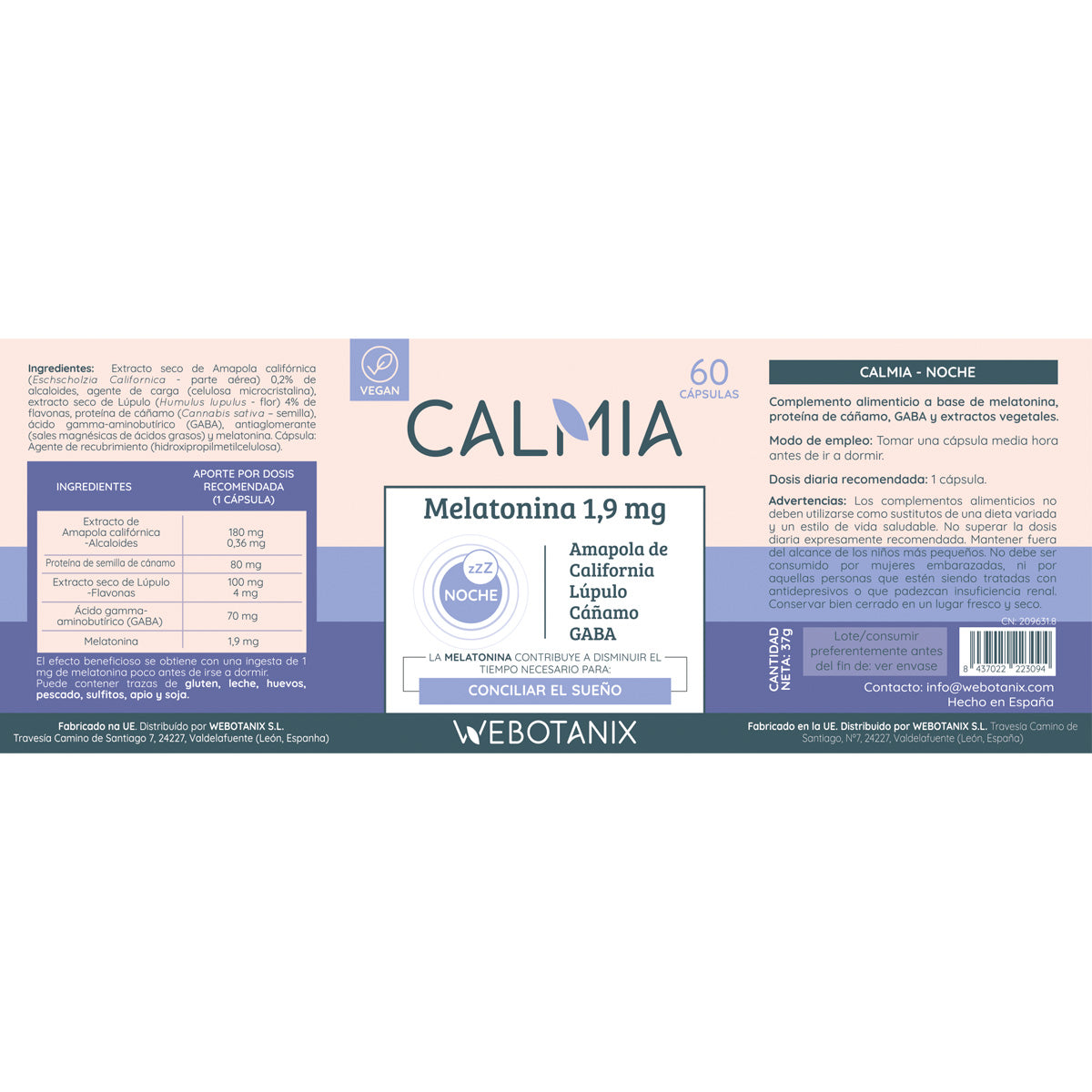 Calmia Noche Forte (5HTP+melatonin+magnesium, L-teanin, valeriana) WEBOTANIX 60 kapslar