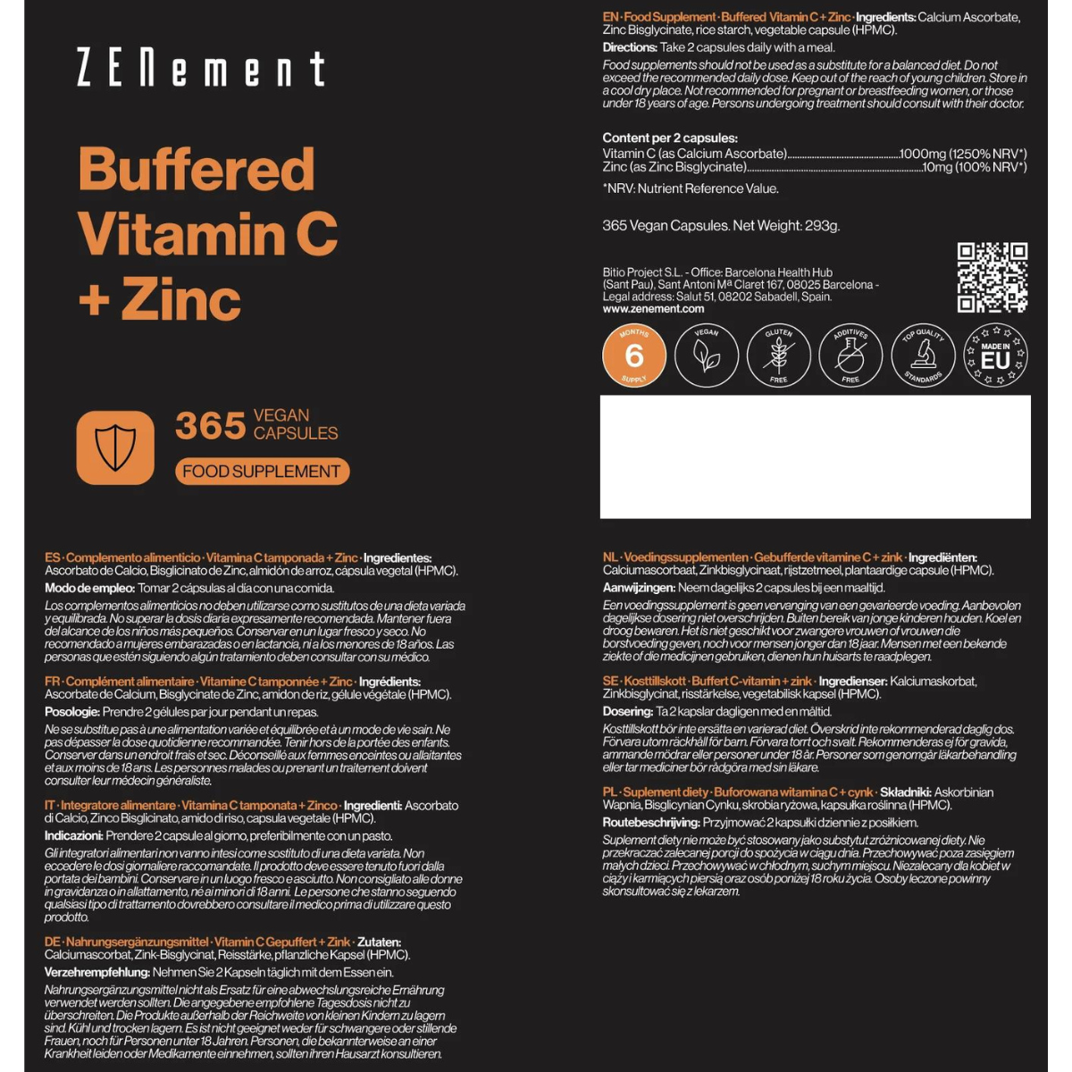 Witamina C buforowana + cynk Zenement 365 kapsułek wegańskich