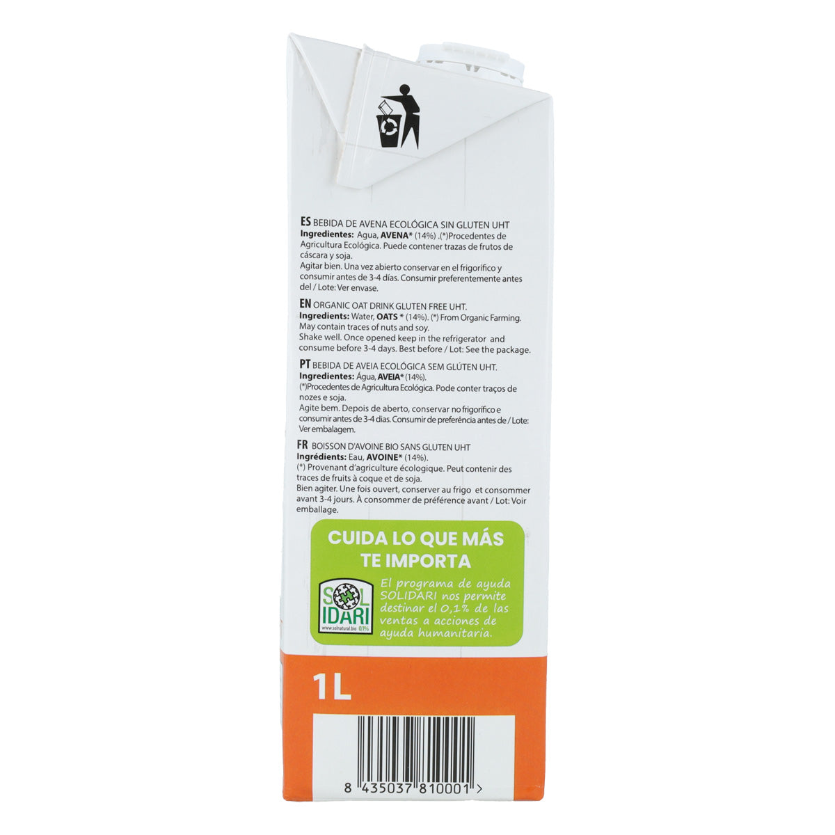 Pack of 6x Sol Natural Organic Gluten-Free Oat Drink 1 L