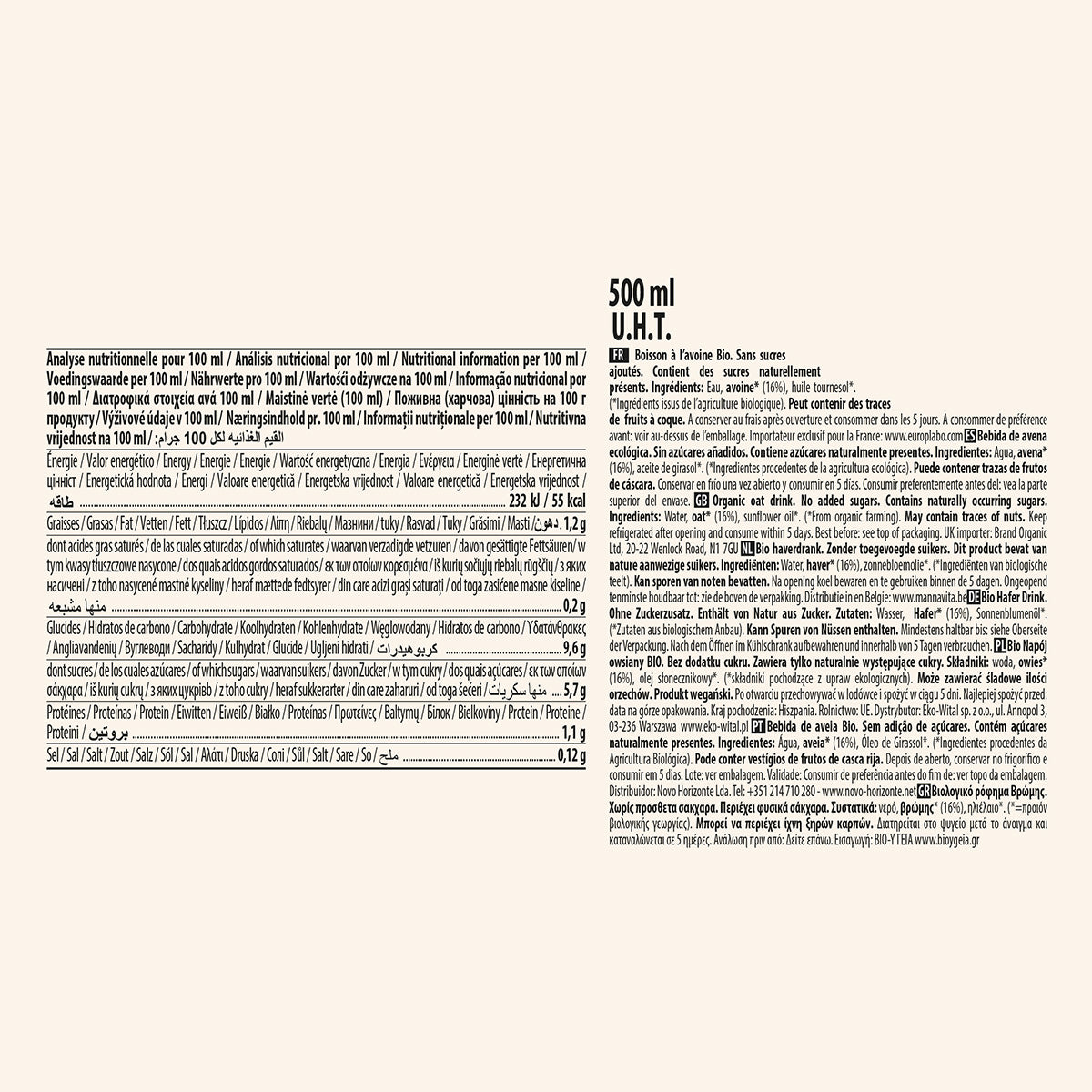 Zuckerfreies Bio-Hafergetränk ECOMIL 500 ml