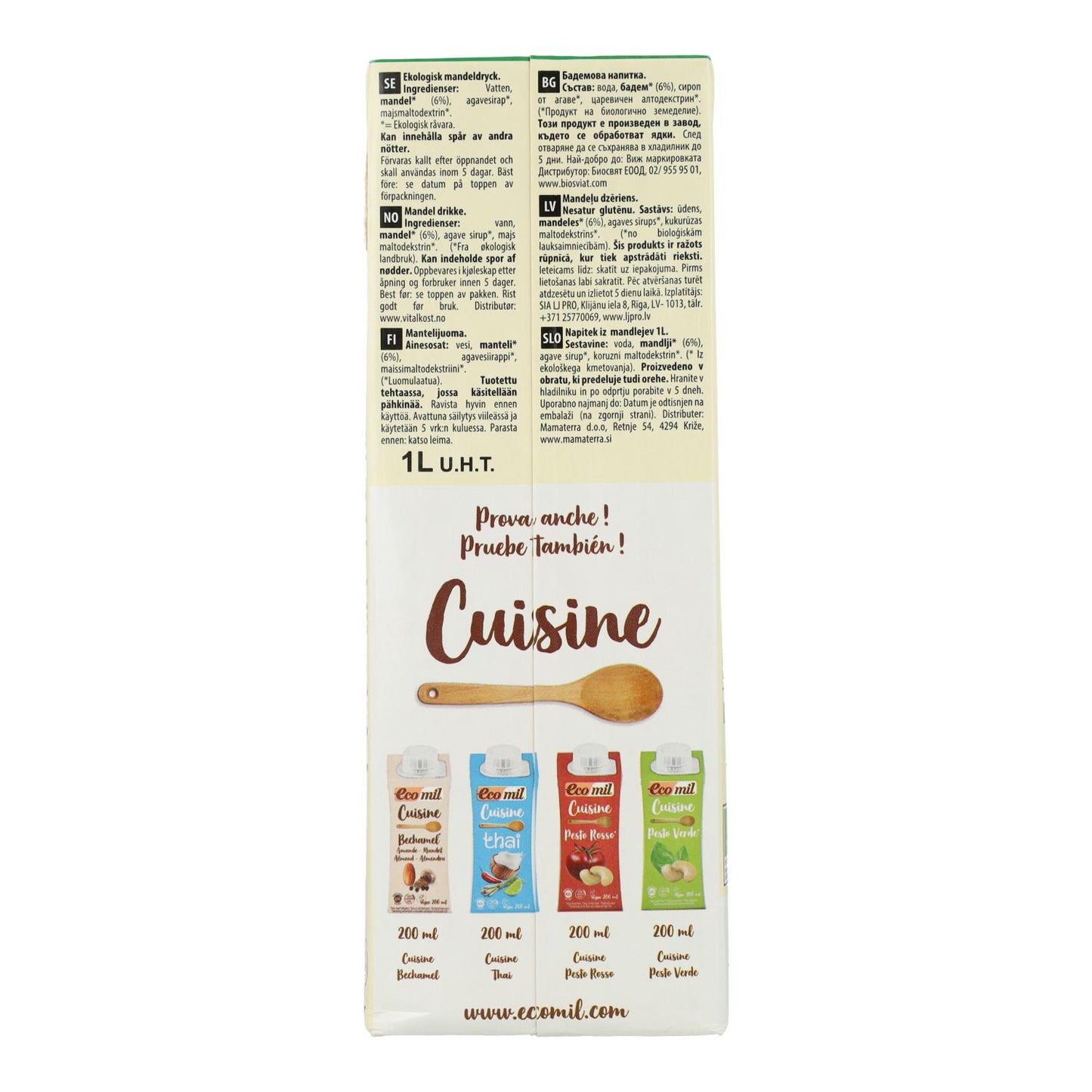 Pack of 6 Organic EcoMil Almond Drink sweetened with Agave 1L
