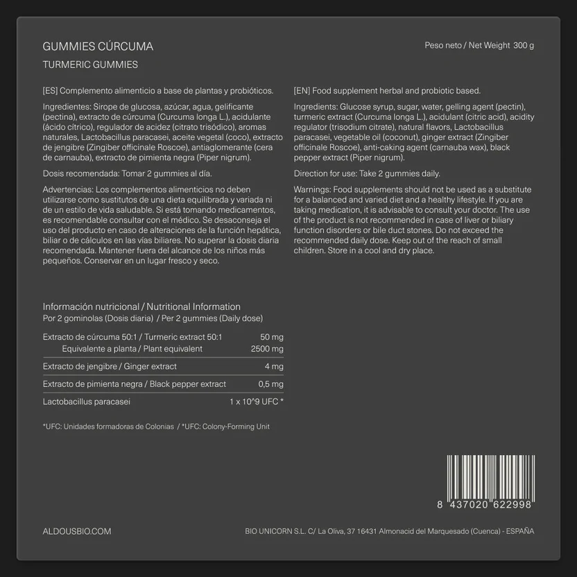 Cúrcuma con Jengibre y Pimienta Negra + Probioticos Aldous Bio 120 Gominolas