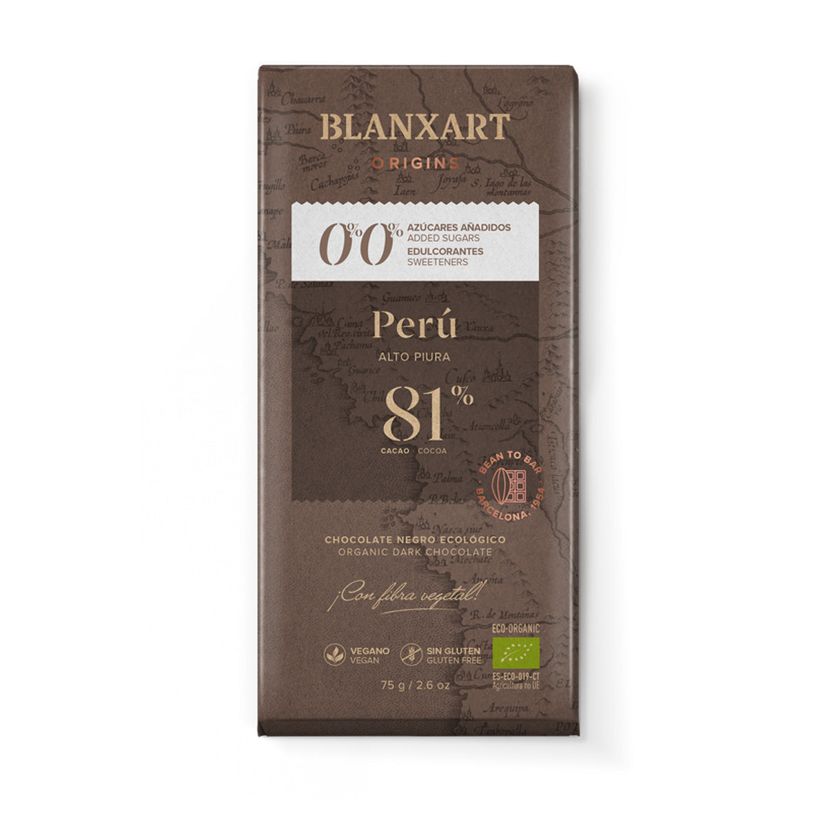 Schokolade Peru 81 % ohne Zucker, ohne Süßungsmittel, vegan, glutenfrei, Blanxart 75 g