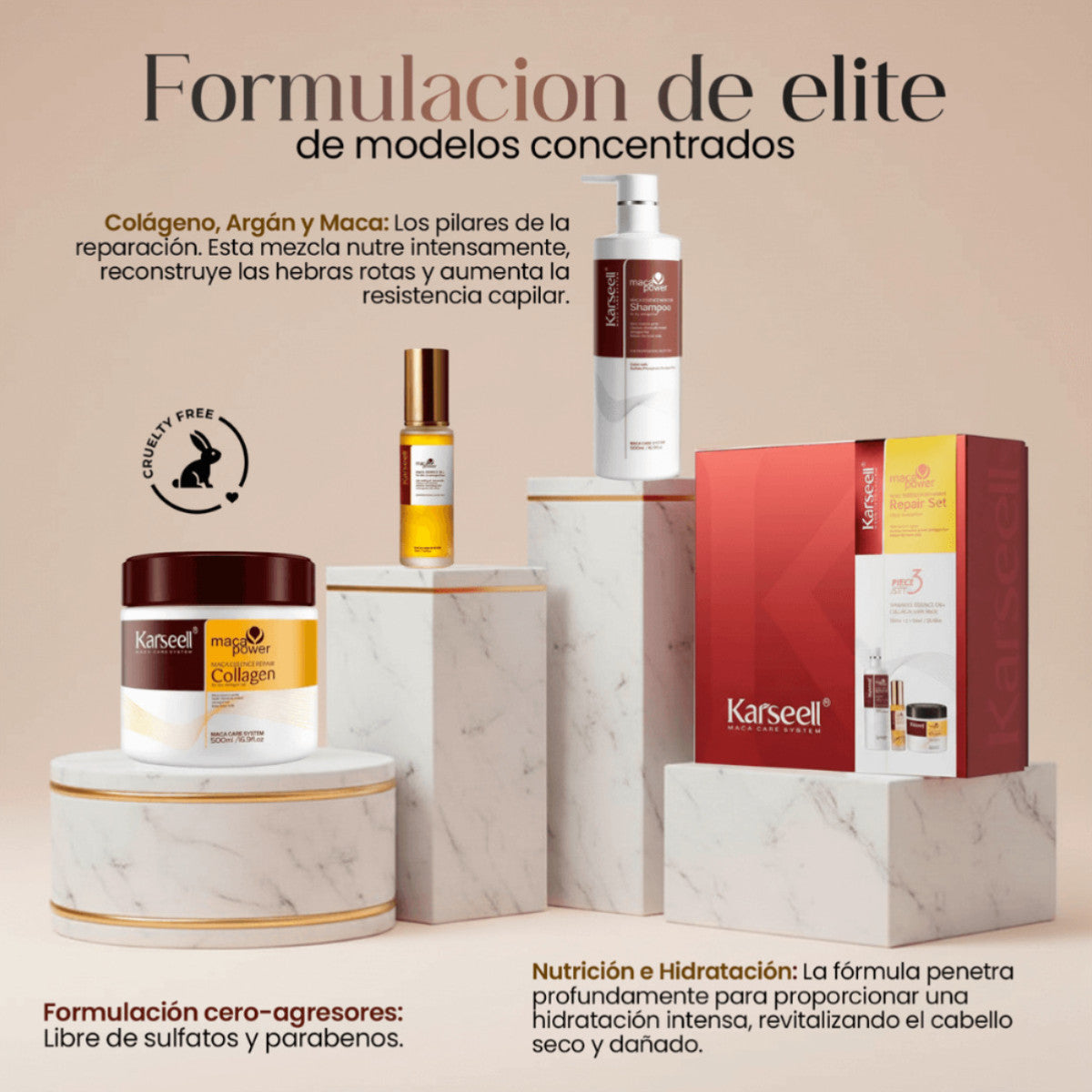 Set Mascarilla Colágeno + Aceite + Champú Maca Karseell 500ml + 50ml + 500ml