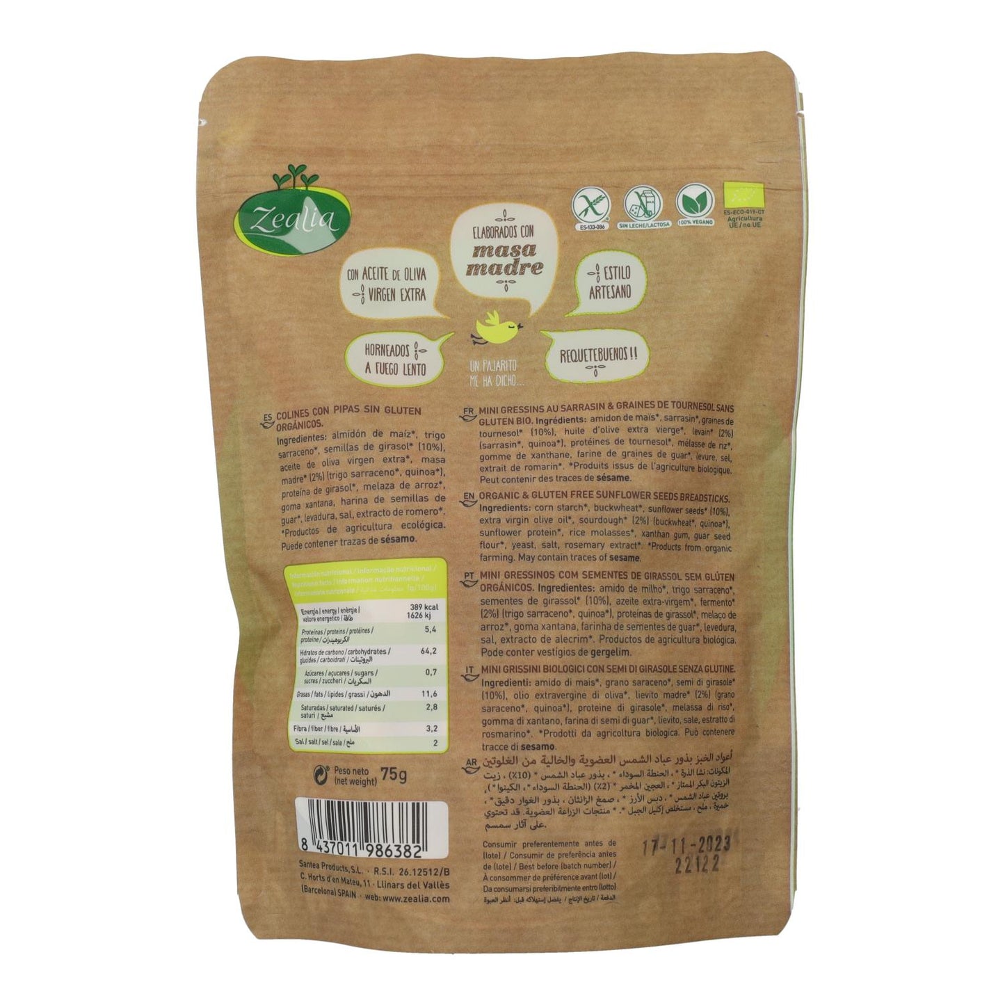 Mini grissini z pestkami słonecznika BIO bezglutenowe Zealia 75 g