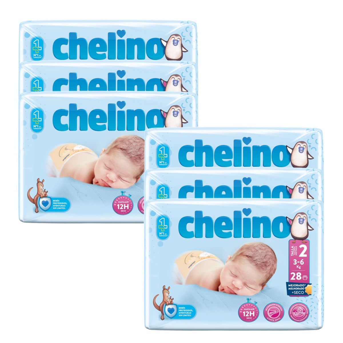 Zestaw 6 x pieluchy T2 dla noworodków (3-6 kg) 28 szt., Chelino