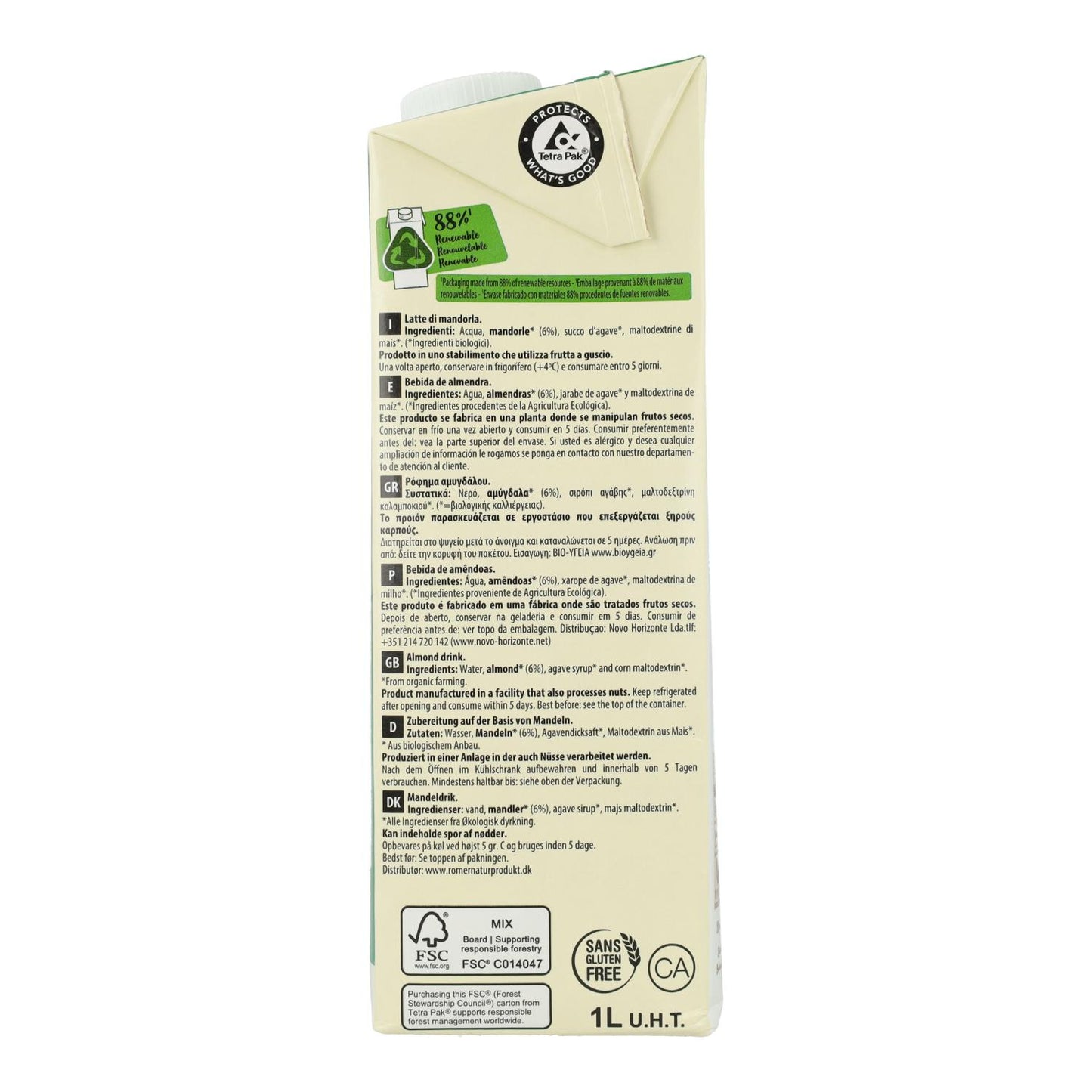 Pack of 6 Organic EcoMil Almond Drink sweetened with Agave 1L
