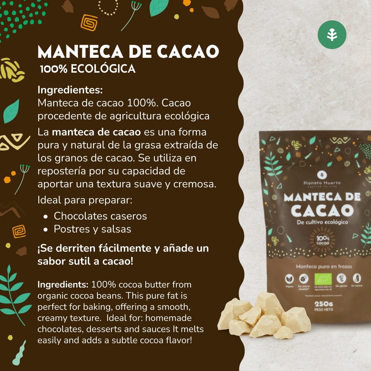 Beurre de cacao en gaufrettes ECO Planeta Huerto 250 g
