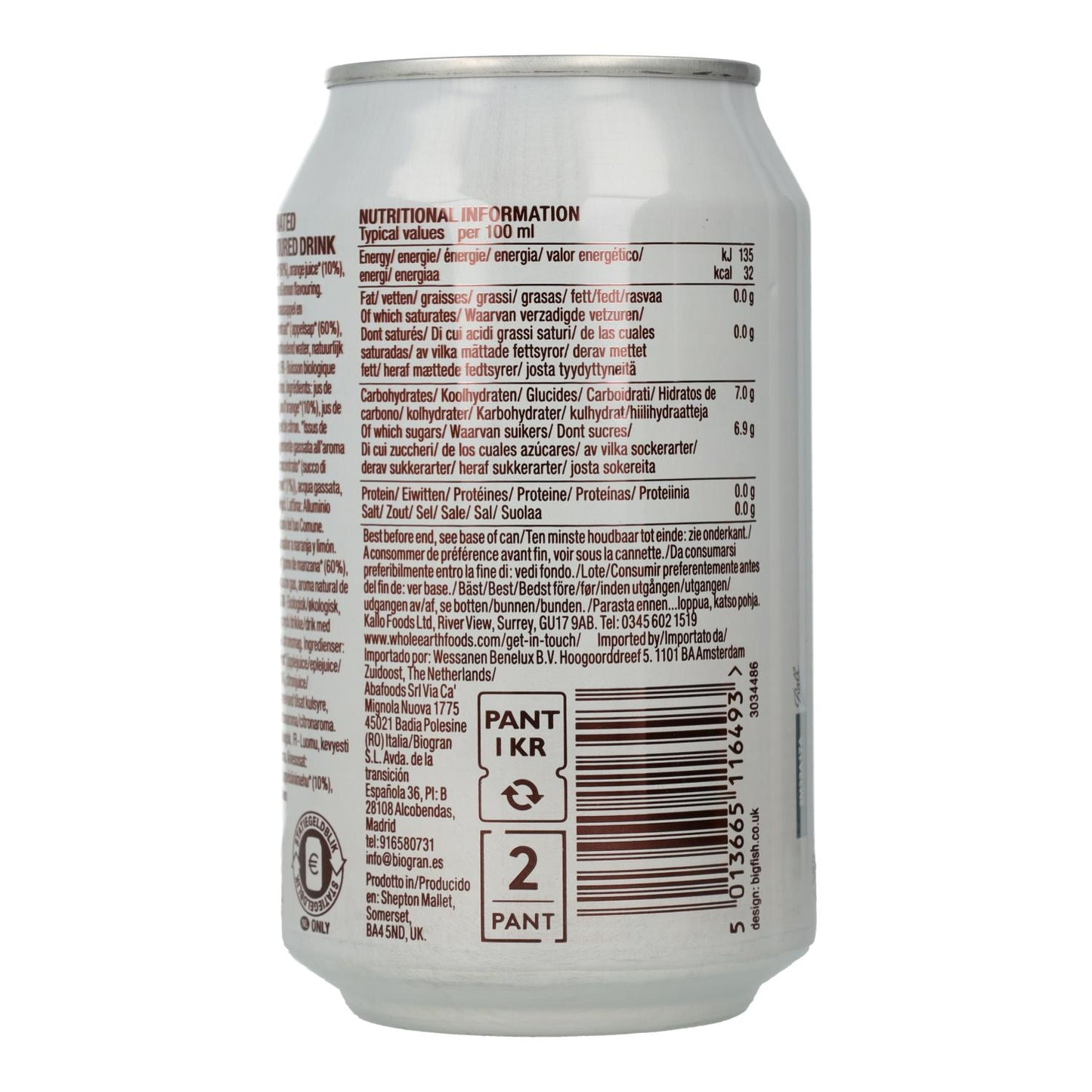 Boisson rafraîchissante bio orange et citron Whole Earth 330 ml