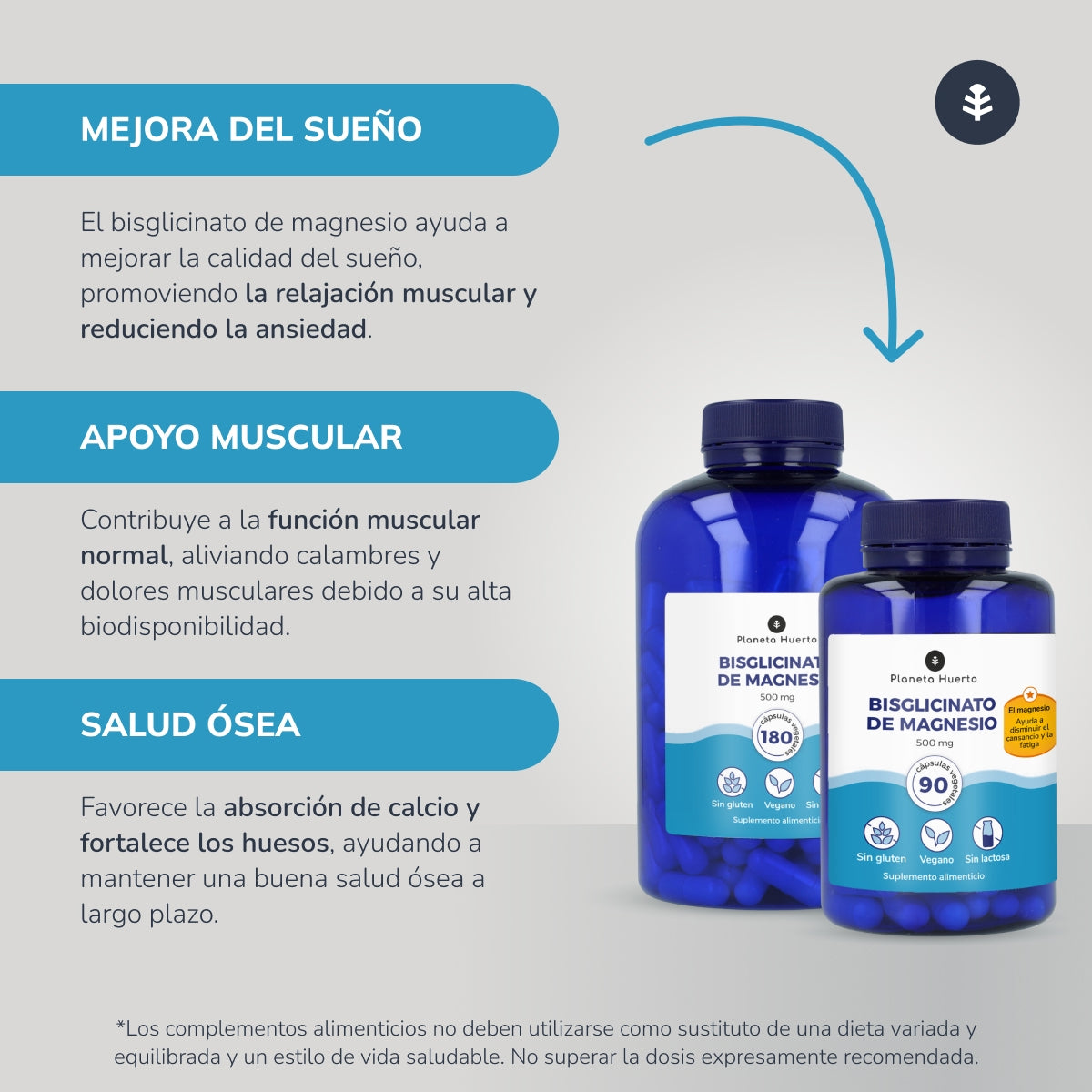 Förpackning 2xMagnesiumbisglycinat 500 mg Planeta Huerto 180 kapslar