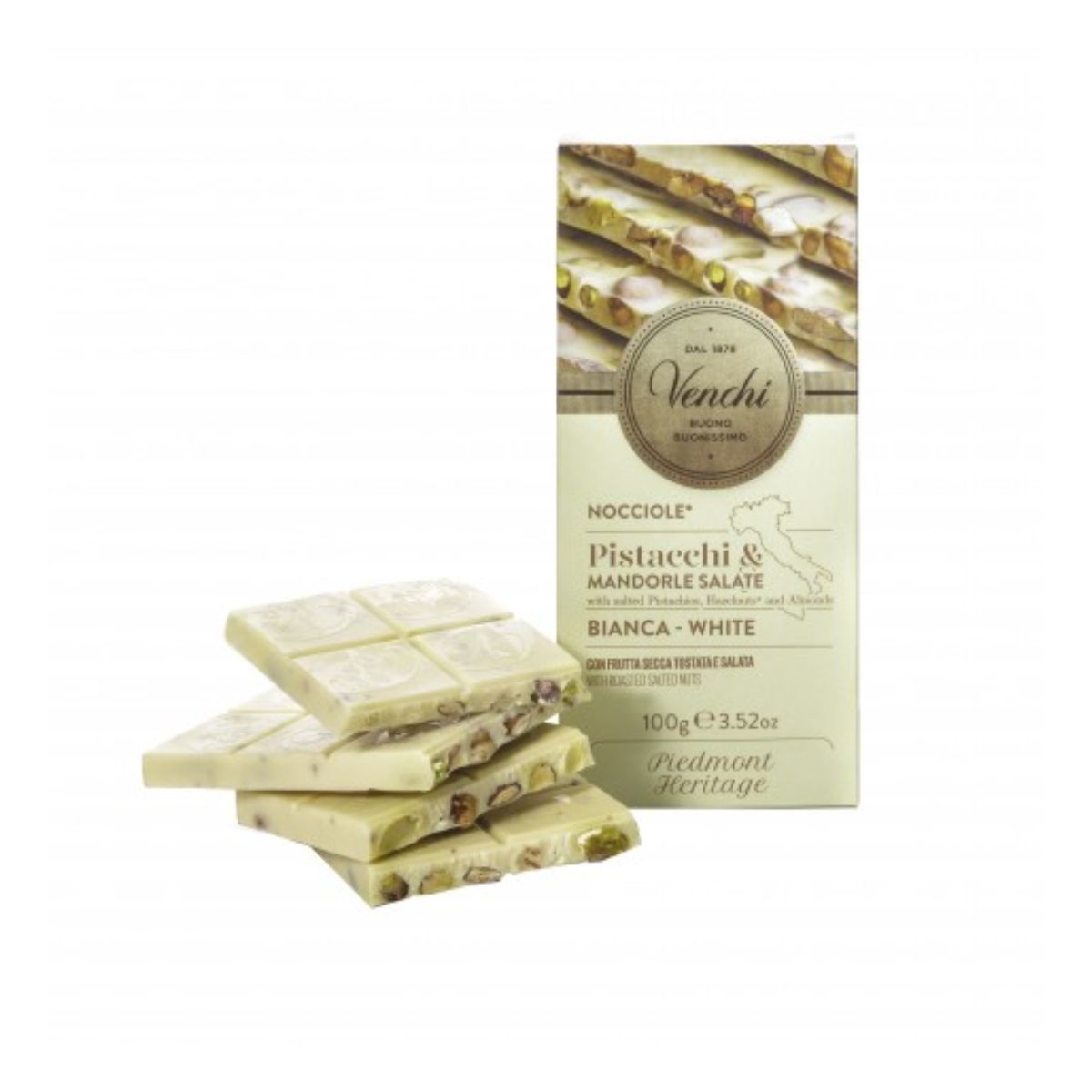 Witte chocoladereep met hele hazelnoten IGP Piemonte, pistachenoten en amandelen Venchi 110 g