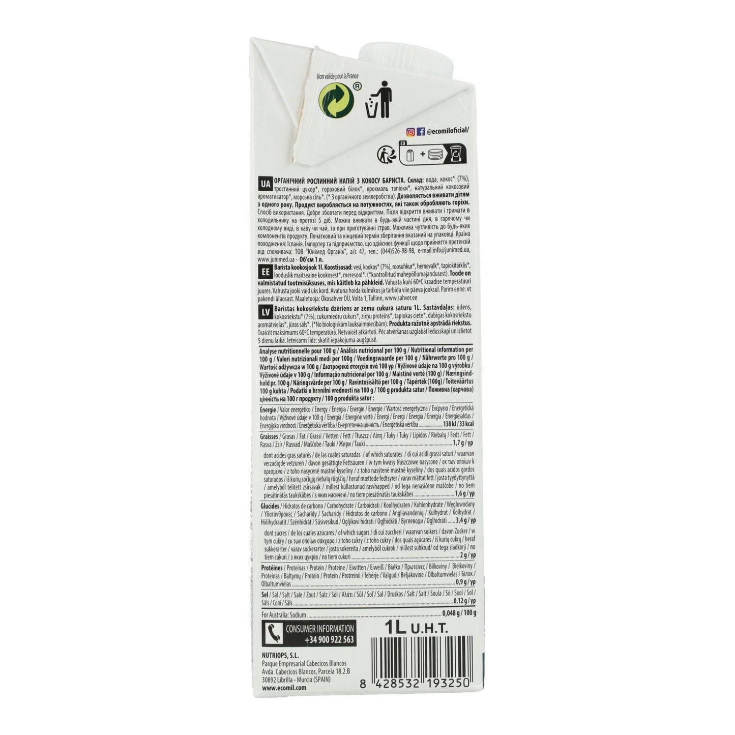 6-pack ekologisk kokosdryck Barista BIO EcoMil 1 l