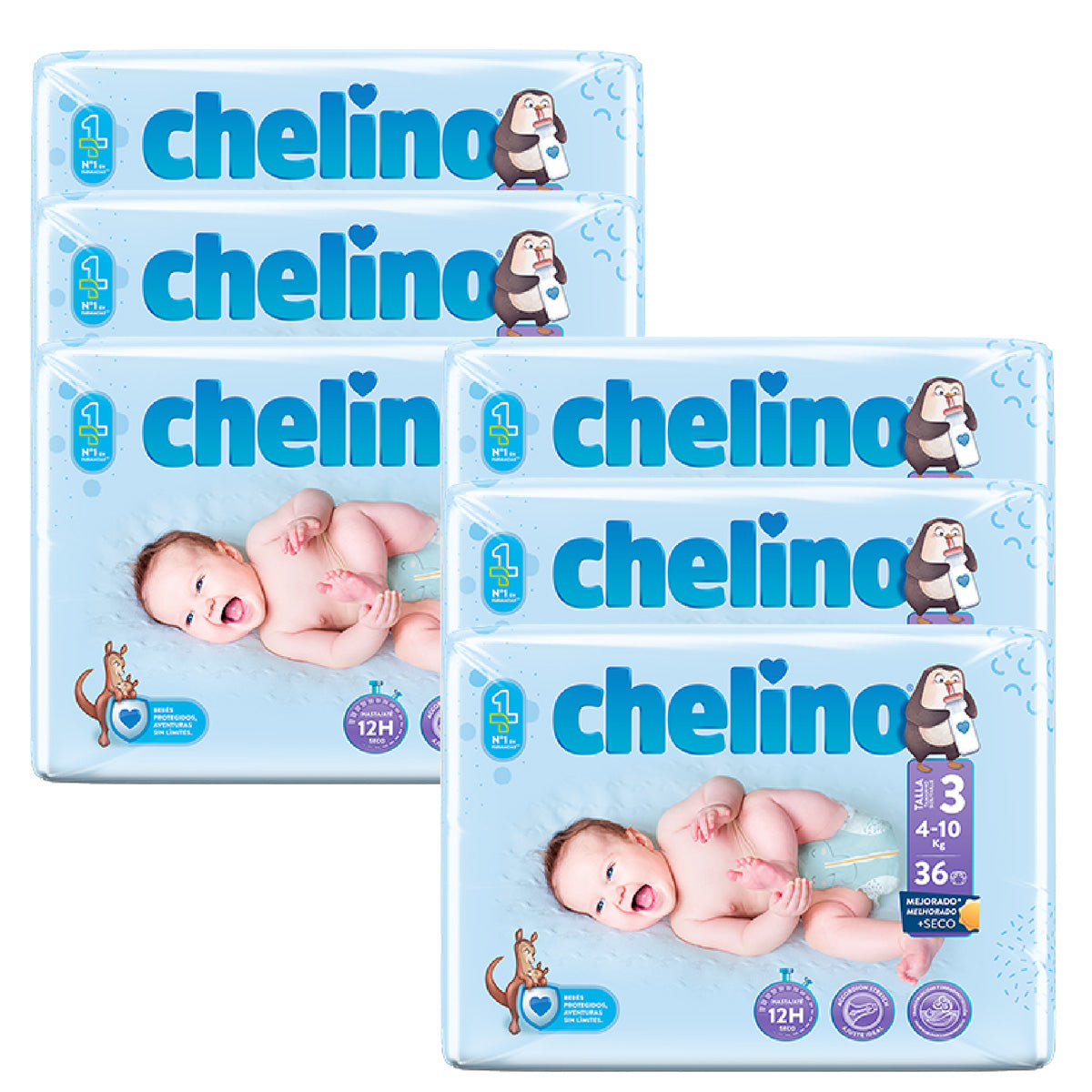 Zestaw 6 x pieluchy T3 leżące (4-10 kg) 36 szt., Chelino