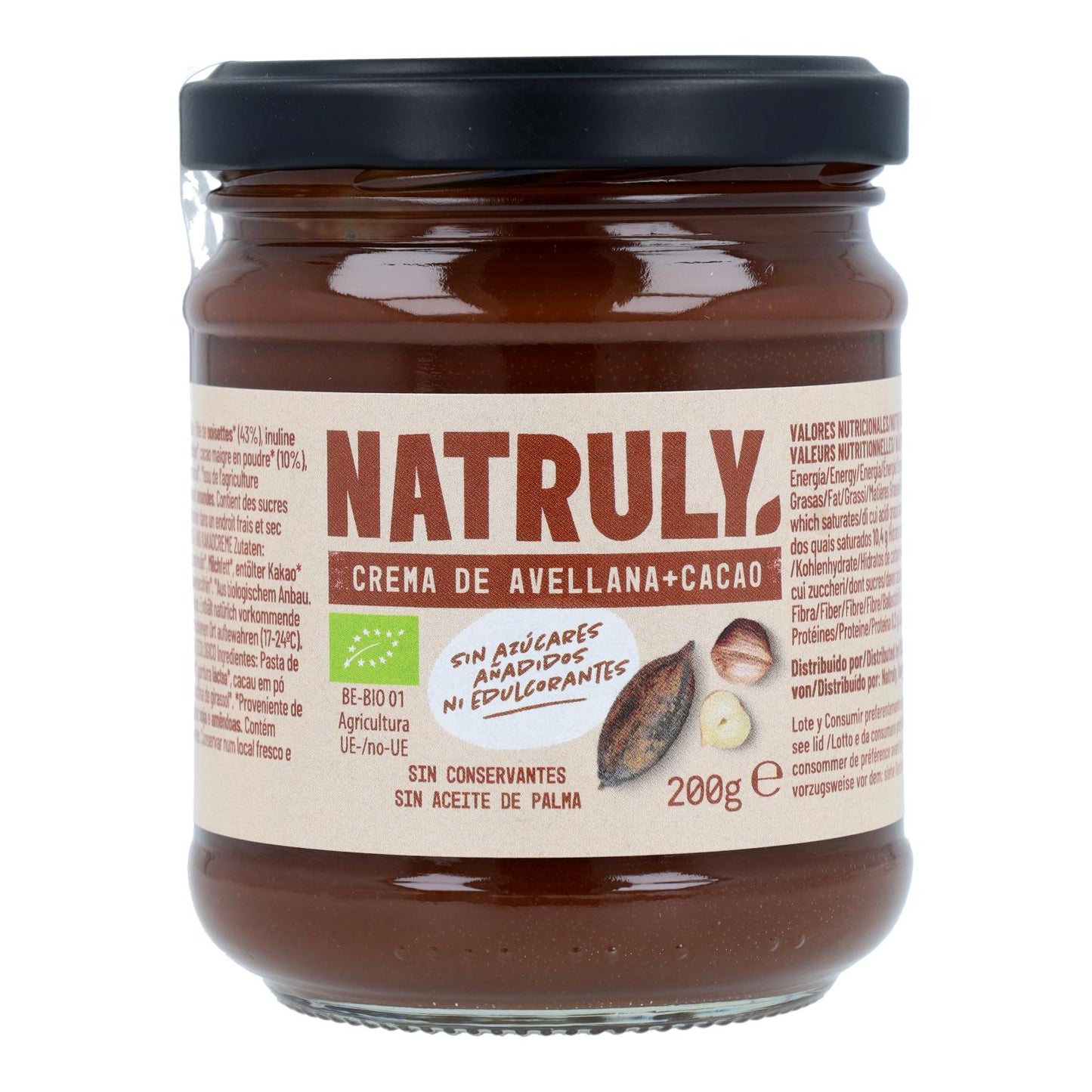 Biologische cacao- en hazelnootcrème Natruly 200 g