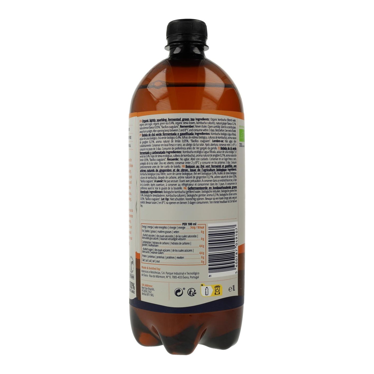 Captain Kombucha Organic Ginger and Lemon Kombucha Drink 1 L