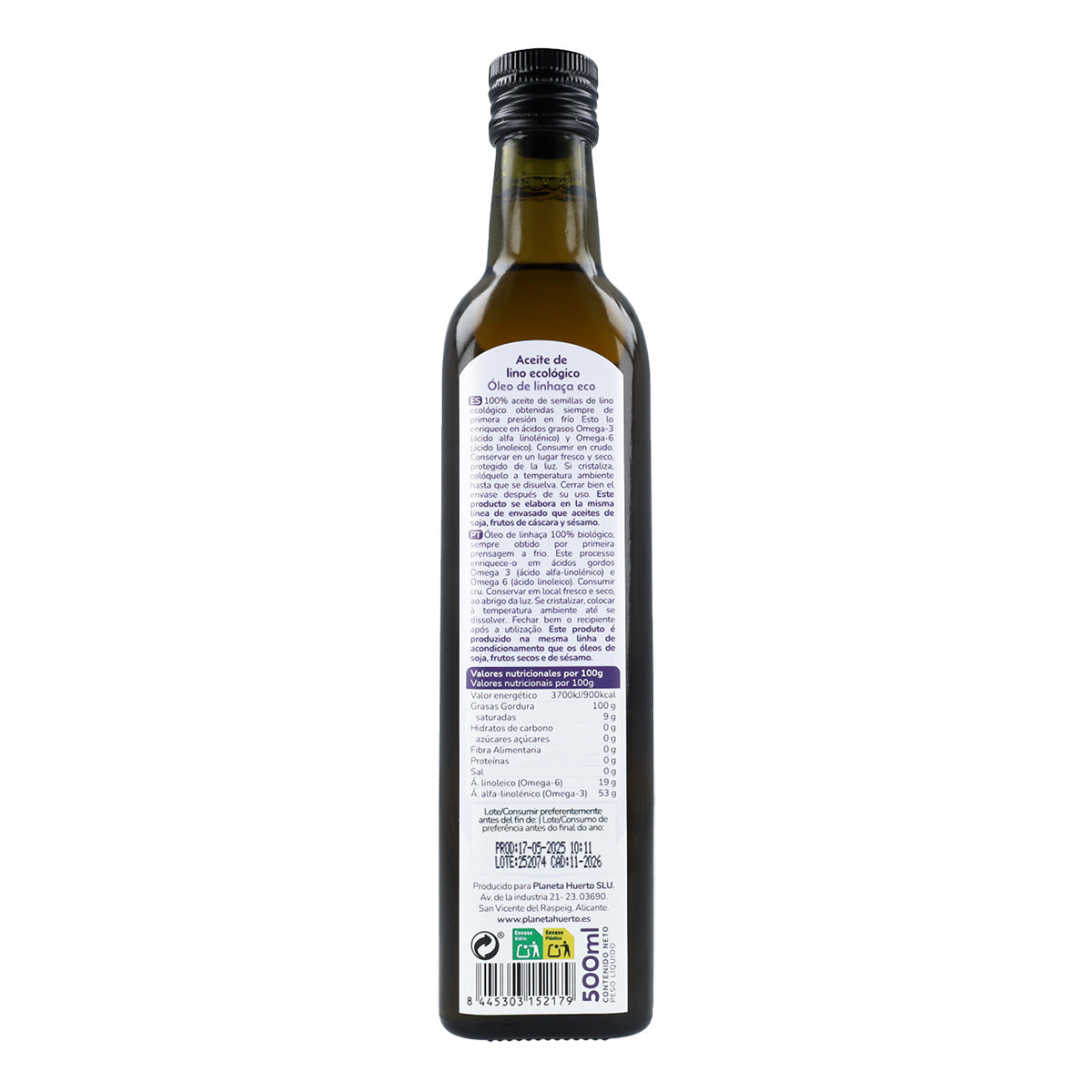 Pack of 3 ECO Planeta Huerto Cold-Pressed Flaxseed Oil 500 ml
