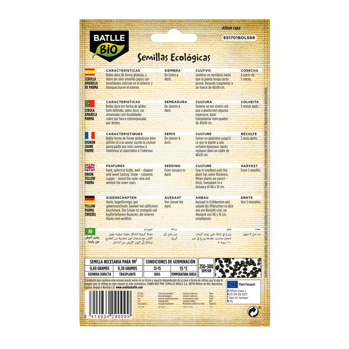 Ekologiczne nasiona żółtej cebuli Parma Batlle