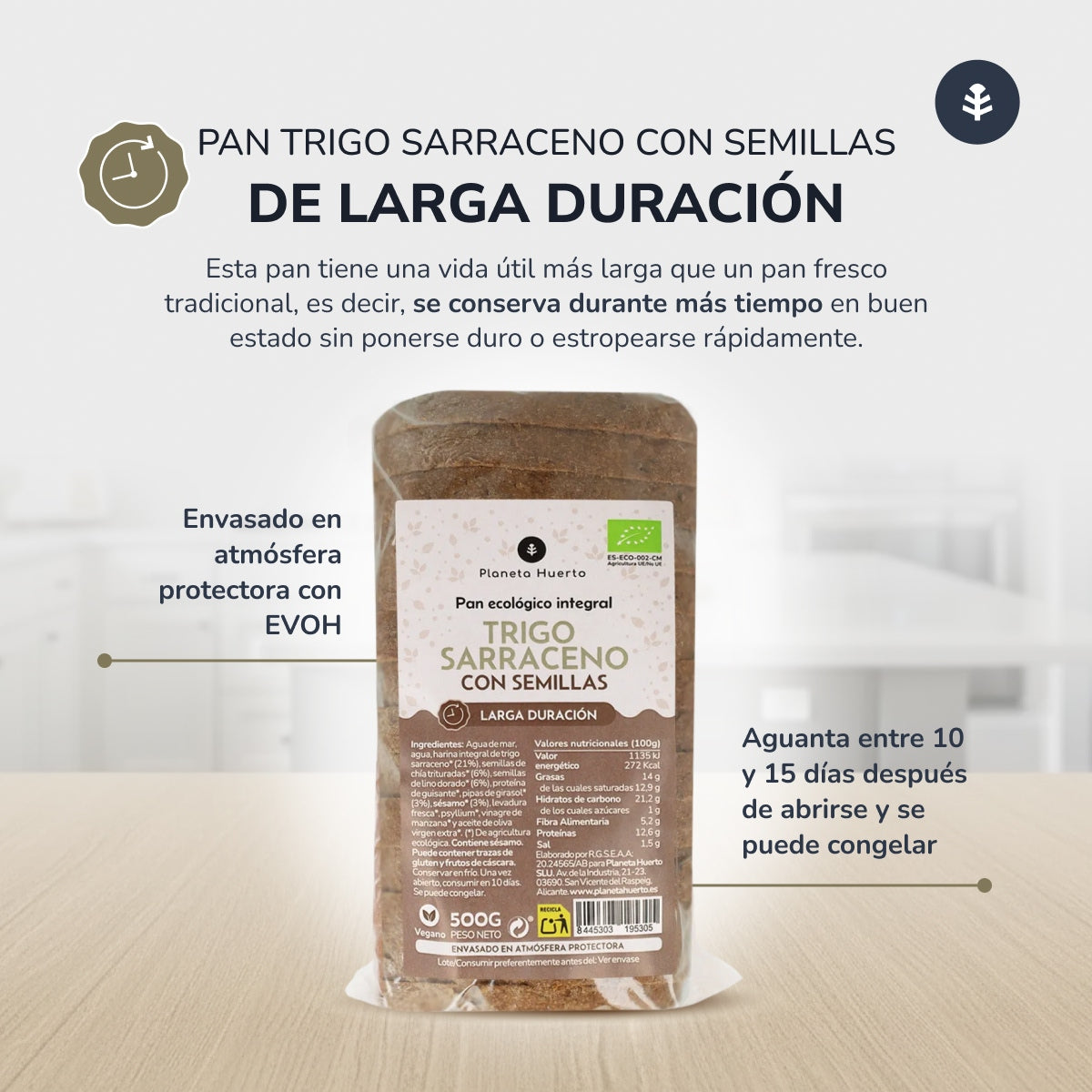 Pan integral proteico de trigo sarraceno con semillas ECO Planeta Huerto 500 g