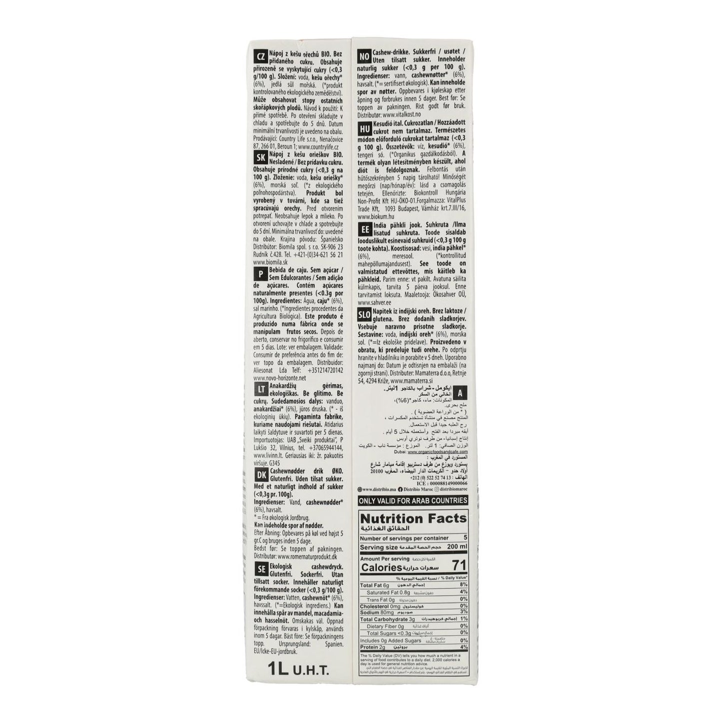 6er-Packung Cashew-Pflanzendrink Nature Bio Ecomil 1 l