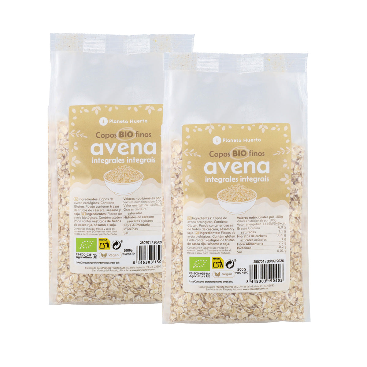 Emballage 2x ECO Planeta Huerto 500 g de flocons d'avoine complets fins