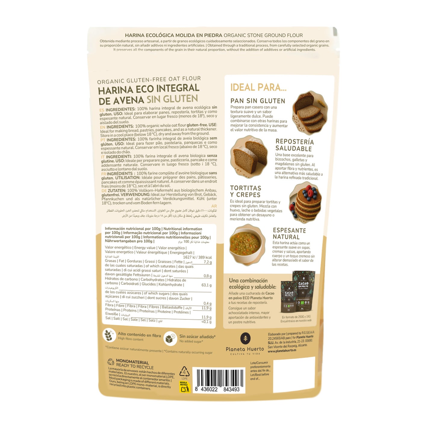 Wholemeal Gluten Free Oatmeal Eco Planeta Huerto 800 g