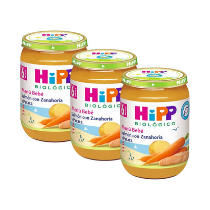 Lot de 3 petits pots de saumon avec carottes et pommes de terre bio +6 mois + HiPP 190 g