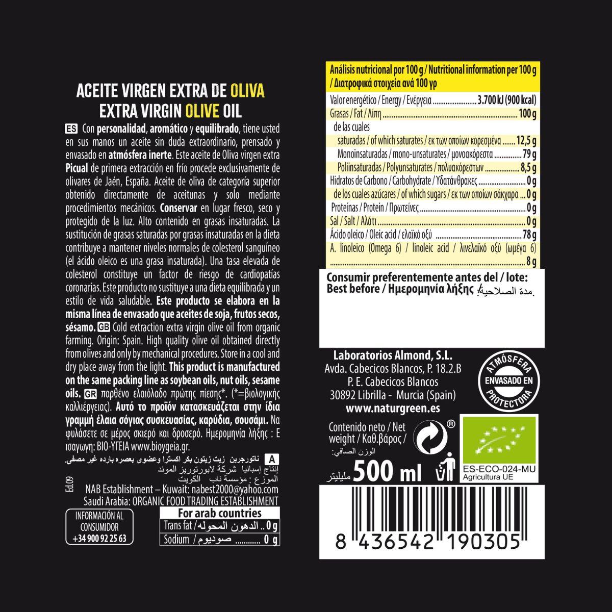 Ekstra jungfruolja Picual Bio NaturGreen 500 ml