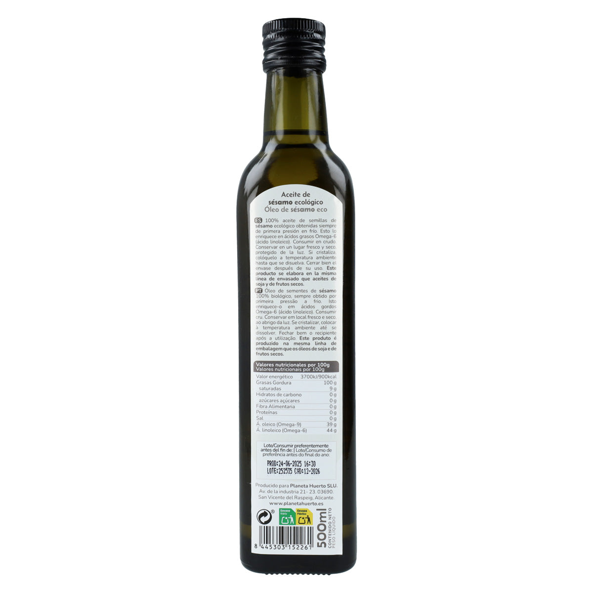 Pack of 3 ECO Planeta Huerto cold-pressed sesame oil 500 ml