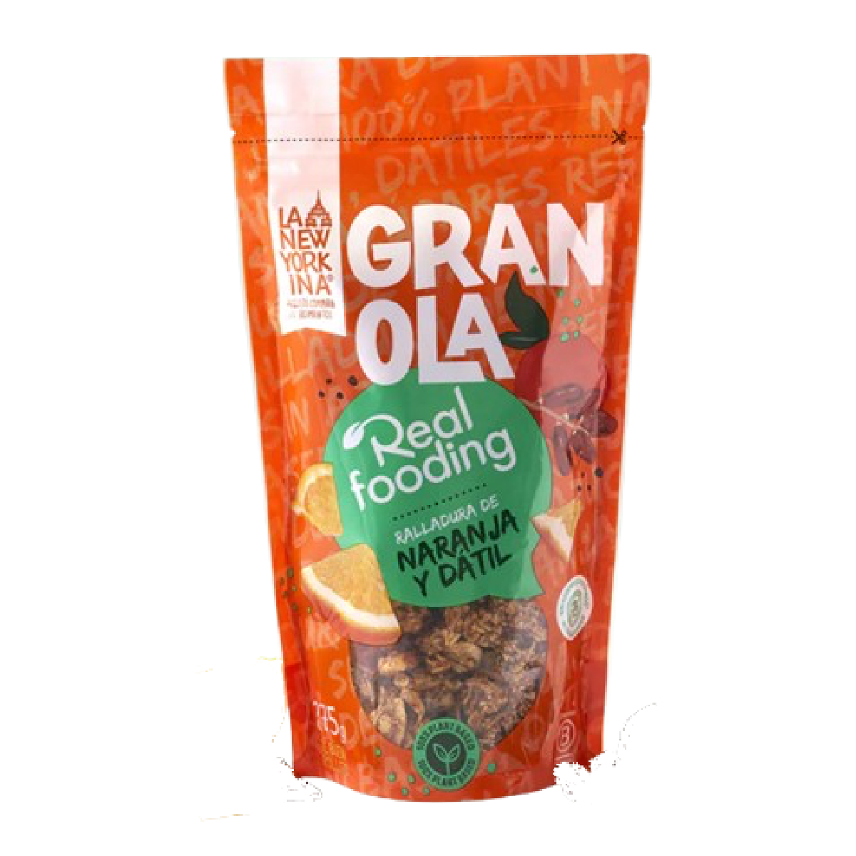 Granola met sinaasappelrasp en dadels, verpakking Realfooding 275 g