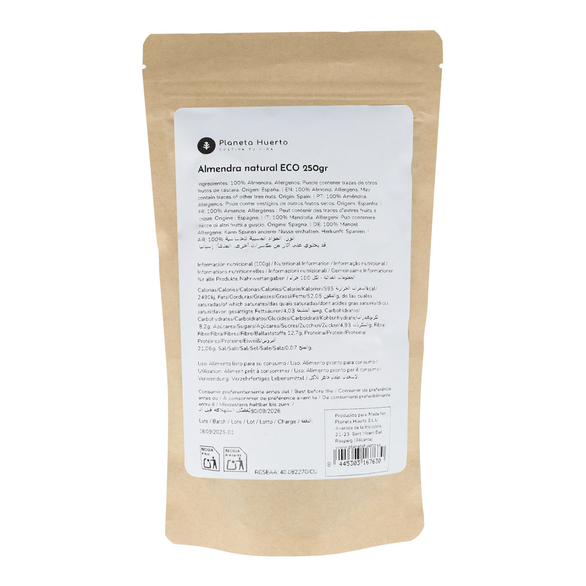 Natürliche Mandeln mit Haut ECO Planeta Huerto 250 g