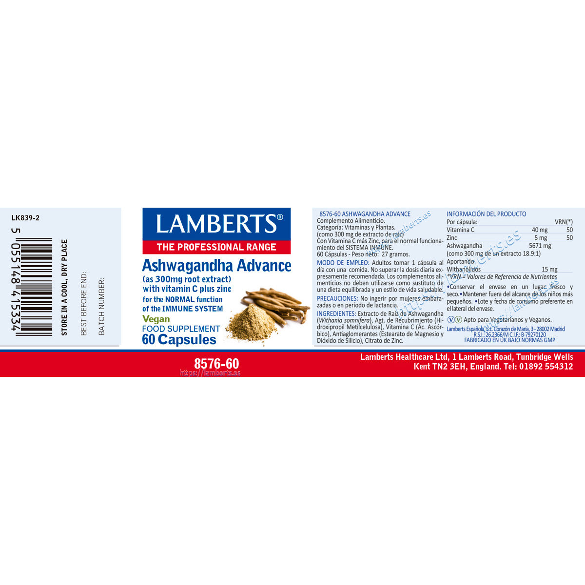 Ashwagandha Advance, Lamberts, 60 kapsułek
