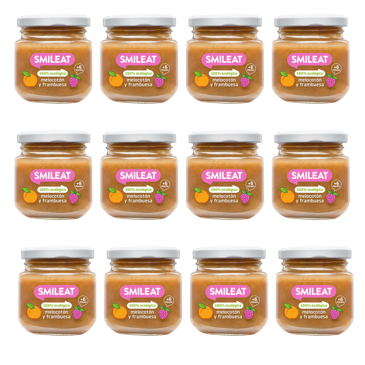 Pack 12x Tarrito de Frambuesa y Melocotón Ecológico Smileat, 130g