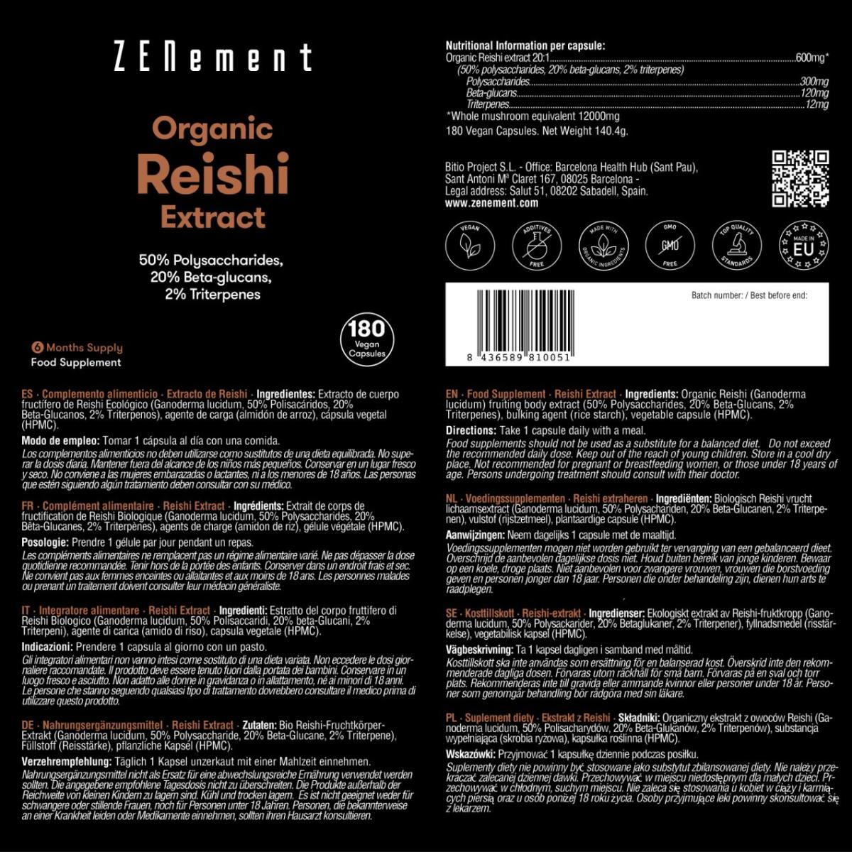 Organic Reishi Extract 12000 mg Zenement, 180 tablets