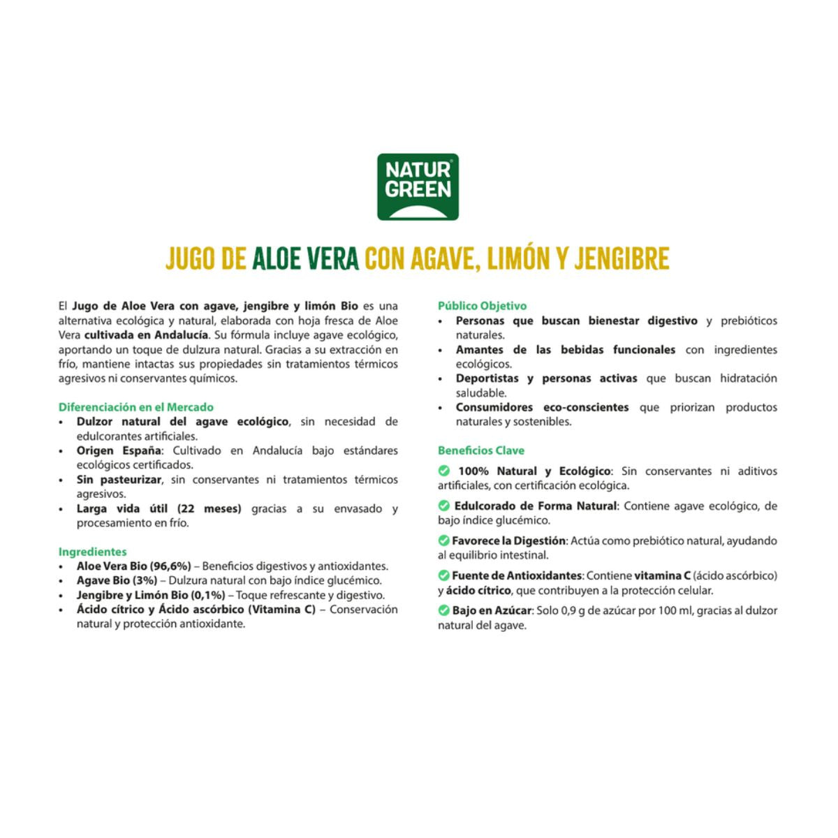 Aloe-Vera-Saft mit Agave, Zitrone und Ingwer NaturGreen 1 l