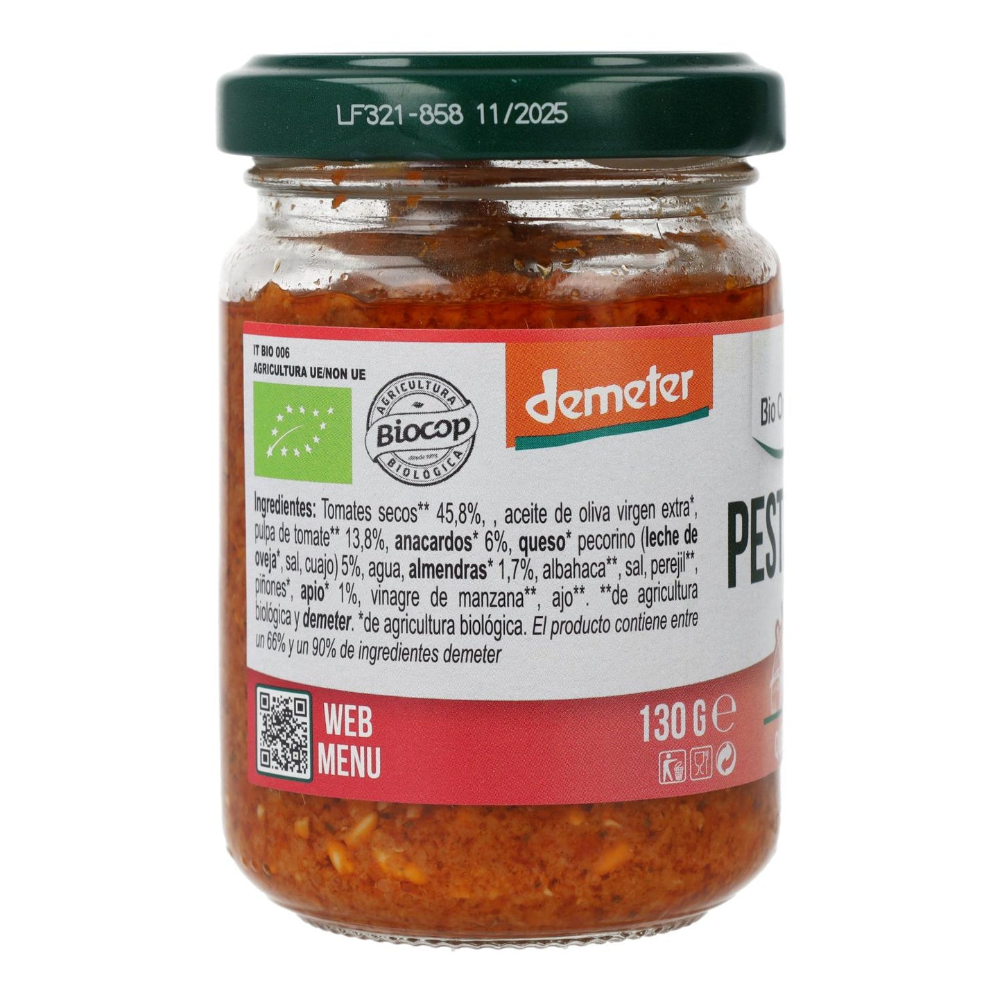 Pesto Rosso with Sun-dried Tomatoes, Pecorino Cheese and Almonds Bio Demeter Organica Italia 130 g