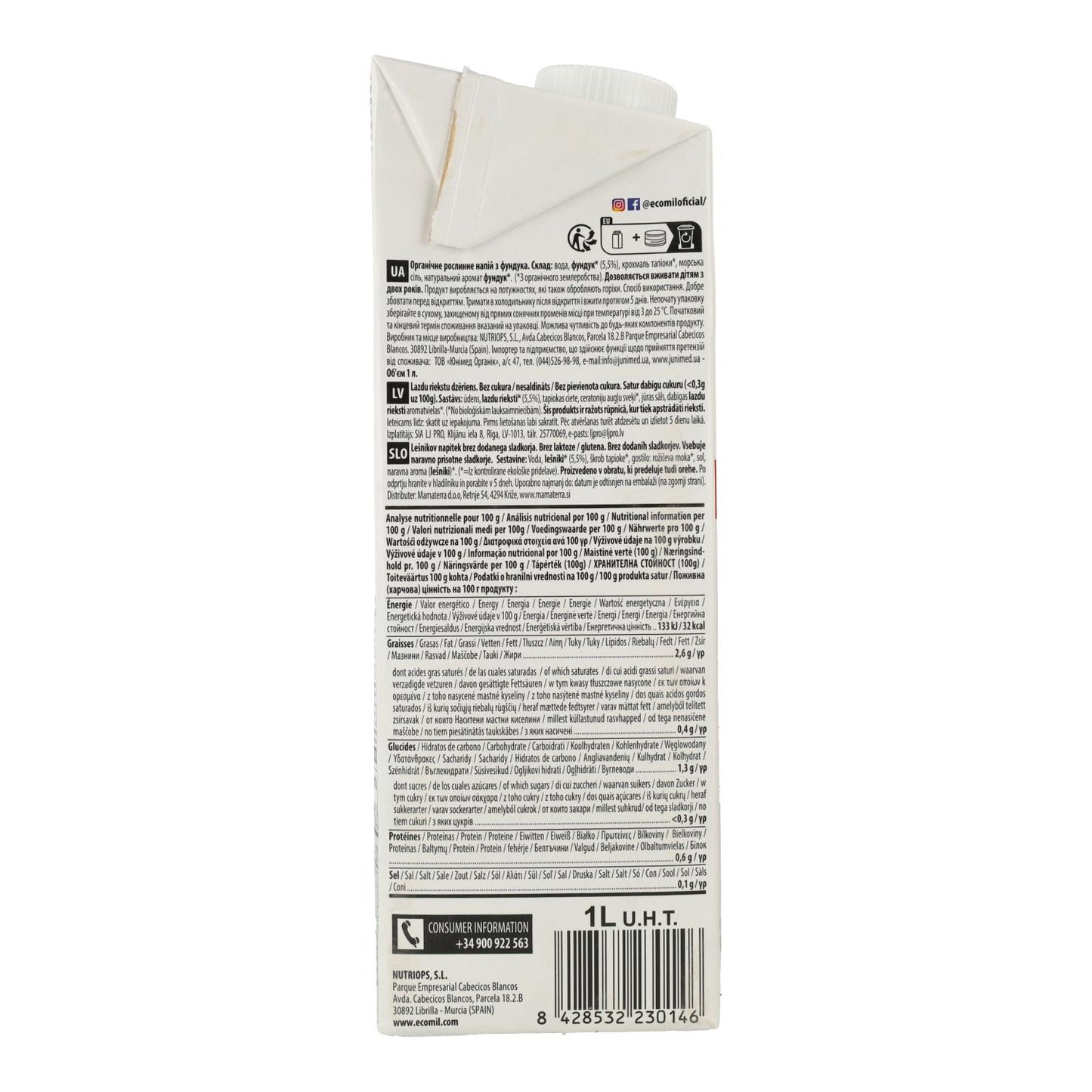Ecomil Sugar-Free Hazelnut Drink 1 L
