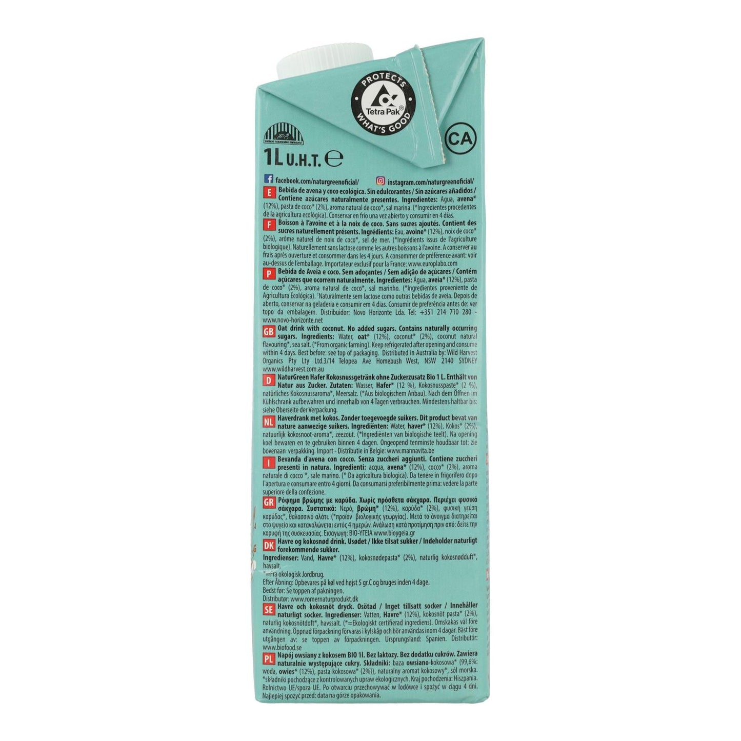 Pack de 6 boissons à l'avoine et à la noix de coco bio NaturGreen 1 L